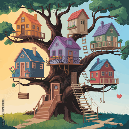 Colorful tree houses in a tree.