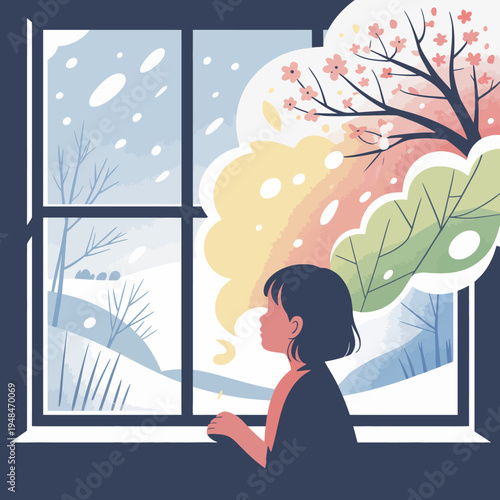 Woman looking out snowy window.