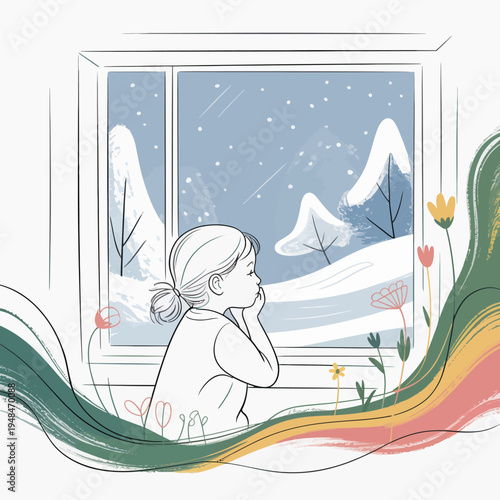 young girl looking out window.