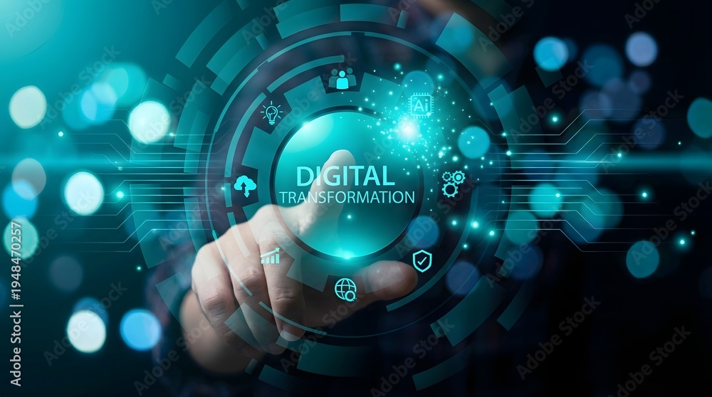 Fototapeta premium Hand interacting with digital transformation hologram showing data analytics and innovation concepts