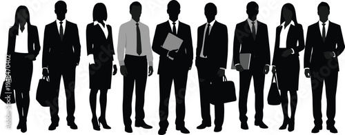 Silhouette collection of business professionals, corporate team, office workers, executives, managers, teamwork concept, diversity, editable vector illustration
