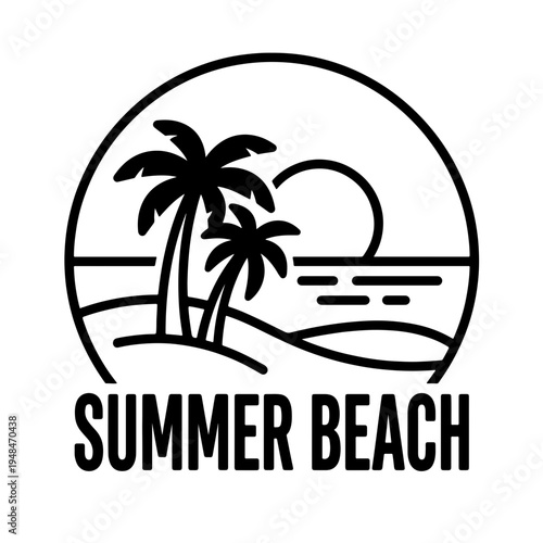 Summer beach scene with palm trees and sunset illustration  