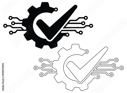 Digital Automation Approval Gear Icon Technology Process Verification Check mark Circuit Vector Illustration