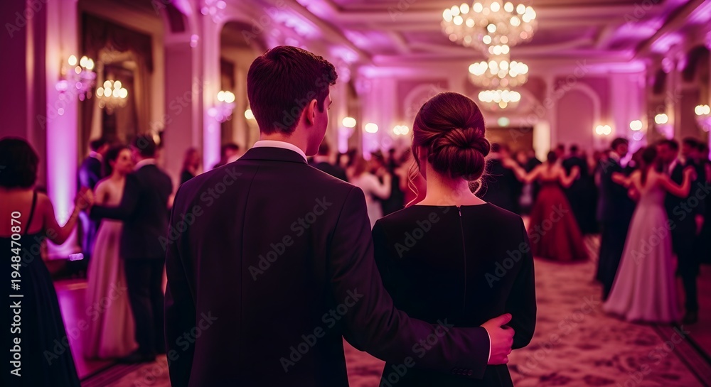 Obraz premium Elegant Couples Enjoy A Grand Ball Amidst Romantic Pink Lighting And Chandeliers