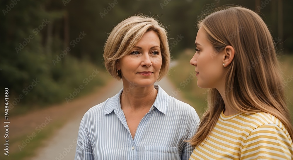 Obraz premium A Mature Woman And A Young Woman Walking On A Path In A Forest