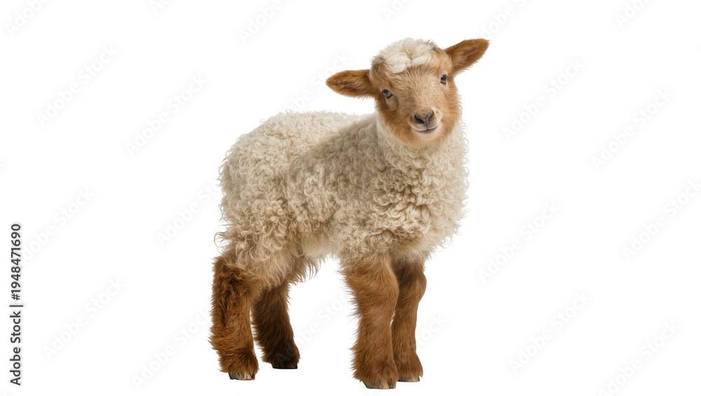 Fototapeta premium Adorable young lamb with curly cream fleece and brown legs, standing and looking at camera, isolated PNG on transparent background, farm animal portrait