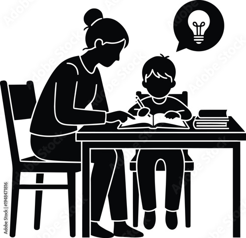 Mother Helping Child Study at Home, Parent Teaching Kid, Homeschool Education Silhouette Illustration