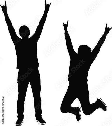 Silhouette collection of rock gesture figures, jumping, standing, celebration poses, music culture, excitement concept, editable vector illustration