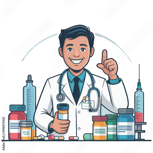 Smiling doctor with medicine bottle.