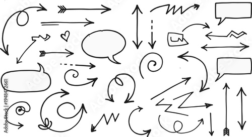Hand Drawn Arrow Doodle Set with Speech Bubbles, Curved Direction Lines, Sketch Arrows Collection for Infographic, Navigation, Design Elements