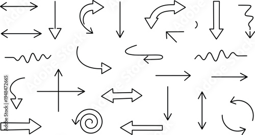 Hand drawn arrow doodle vector collection featuring curved, straight and directional arrows, sketch style navigation symbols isolated on white background