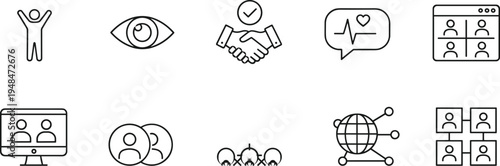 Minimal line icons set representing teamwork, communication, networking, healthcare monitoring, video conferencing, and online collaboration concepts for modern digital business platforms