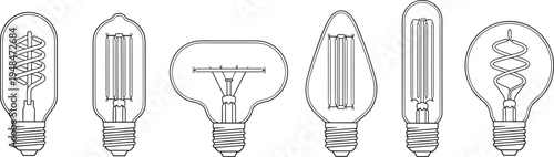 Set of vintage Edison filament light bulbs outline illustration decorative retro lamp shapes collection isolated for design lighting concept vector