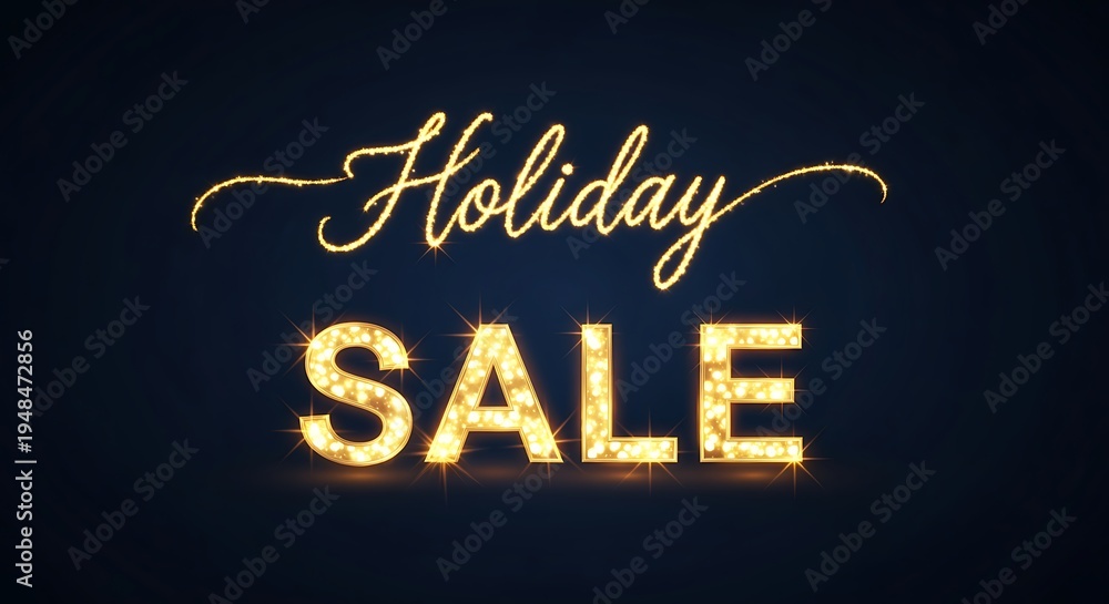 Obraz premium Golden holiday sale text with light bulbs on dark background shopping discount announcement