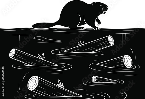 Beaver with floating logs in river silhouette illustration, wildlife animal building dam in forest water nature scene
