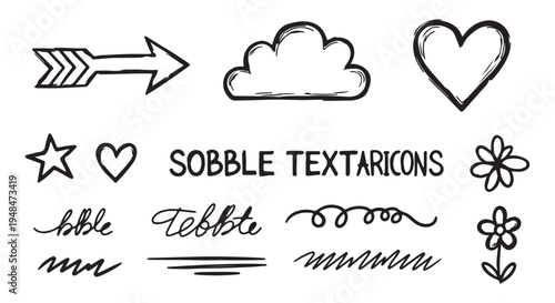 A collection of hand drawn doodle elements including shapes symbols and abstract decorative lines