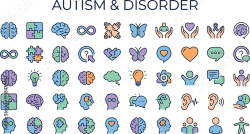 Autism disorder colorful icon set including brain puzzle pieces hearts hands butterflies light bulbs and people  illustrating awareness and support