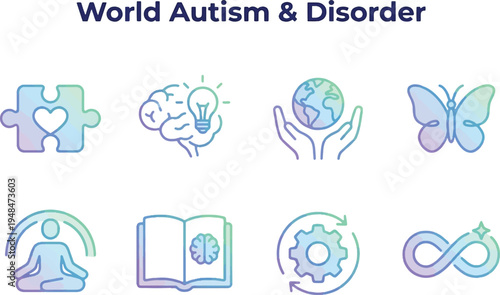 World Autism Disorder awareness colorful icons set  puzzle heart brain lightbulb globe butterfly meditation book gear infinity symbol  representing autism spectrum and neurological diversity