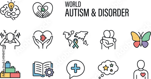 world autism day & disorder icon set for aweareness