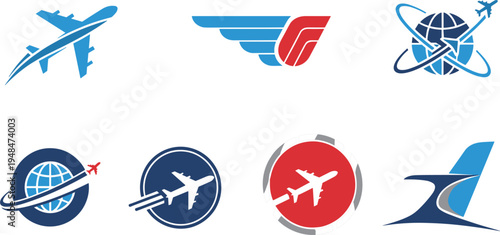 Aviation and air travel vector illustrations featuring airplanes, flight logos, wings, and global flight routes for airline, aviation, and travel-related projects.