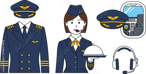 Aviation-themed vector illustrations featuring pilot uniforms, flight attendants, airplane interiors, and headphones for airline, travel, and aviation-related projects.