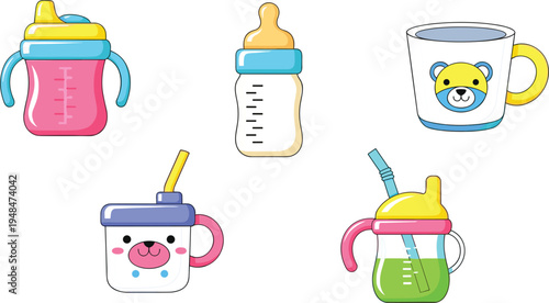 Baby and toddler drinkware vector illustrations featuring bottles, sippy cups, and toddler mugs for baby care, parenting, and child product-related projects.