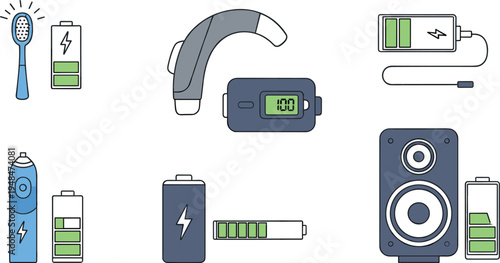 Battery charging and electronic device power vector icons featuring rechargeable batteries electric toothbrush smartwatch speaker and power bank for energy charging and technology concepts.