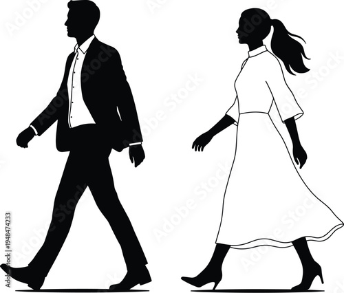 Black and white silhouette of two formally dressed individuals walking together, symbolizing elegance, fashion, movement, and gender representation.