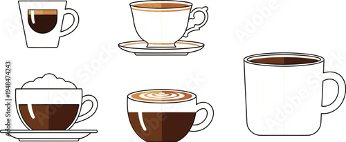 Coffee cup vector icons featuring espresso cappuccino latte and hot coffee mugs with saucers for cafe beverage drink menu and coffee shop design.
