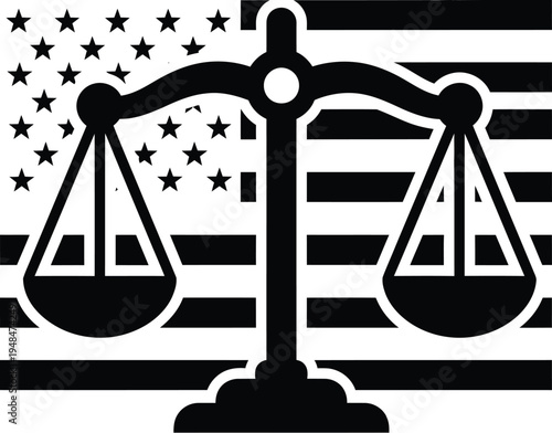 Constitution day symbolism scales of justice in front of american flag