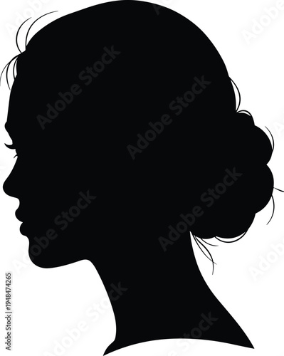 Black silhouette profile of woman’s head with bun hairstyle, artistic minimal design emphasizing facial contours, elegance, and simplicity
