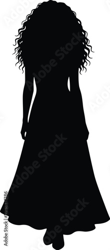 Elegant black silhouette of woman with long curly hair wearing flowing dress, artistic minimal design emphasizing graceful outline and simplicity