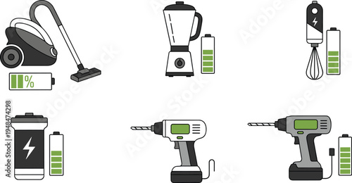 Cordless rechargeable tools vector icons featuring vacuum cleaner blender hand mixer electric drill and battery powered appliances for home technology and portable power device concepts.
