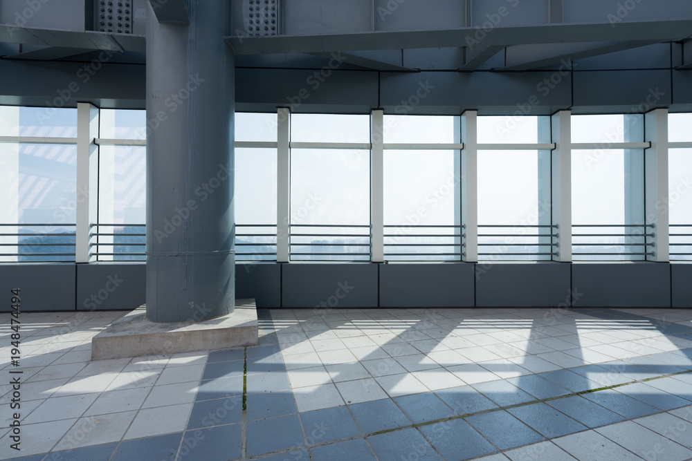 Fototapeta premium Modern architectural interior scene with window-side light and shadow on tiled floor