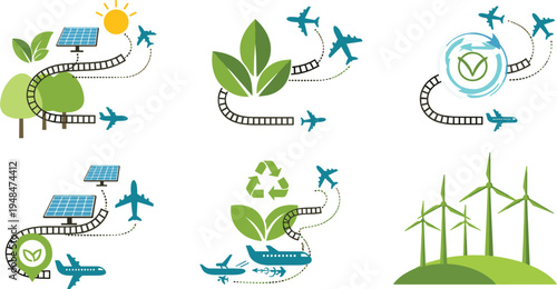 Eco-Friendly Air Travel Icons Set Featuring Solar Energy, Wind Power, and Sustainable Flight Paths for Green Transportation and Environmental Awareness.