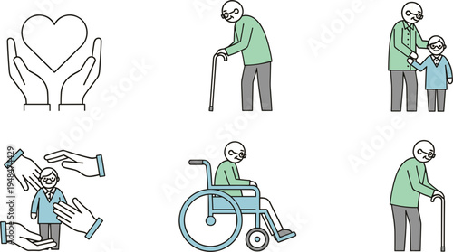 Elderly care and senior support vector icons featuring walking cane wheelchair assistance caregiving hands heart care and elderly help concepts for healthcare and social support design.