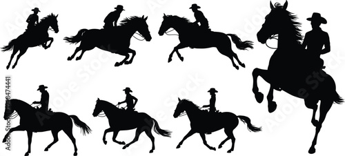 Cowboy riding horse silhouettes collection, western ranch riders galloping horses vector set isolated wild west equestrian illustration