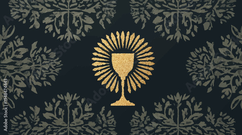Golden chalice radiating, surrounded by ornate foliage on a dark background. Formal, elegant, artful