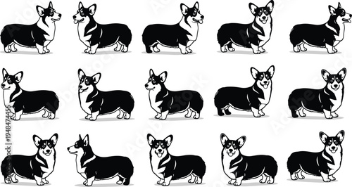 Cute cartoon corgi dog character set, various poses, black white vector illustration, adorable puppy mascot pet clipart collection bundle