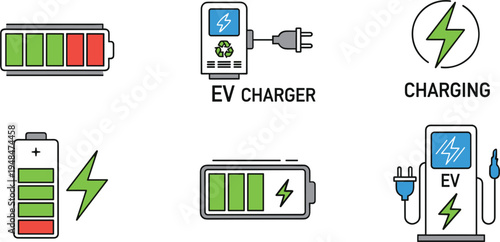 Electric vehicle charging and battery power vector icons featuring EV charger battery level indicators plug charging station and energy lightning symbols for electric mobility technology.
