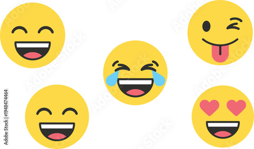 Emoji face vector icons featuring laughing smiling wink tongue out and heart eyes expressions for chat reactions social media communication and messaging design.