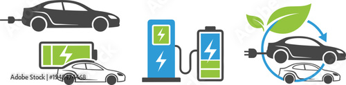 Electric vehicle charging vector icons featuring EV car battery charging station power plug and eco friendly transport concepts for sustainable mobility and clean energy technology design.