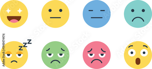 Emotion emoji vector icons featuring happy neutral sad sleepy surprised and tired faces for mood reaction expression and communication design.