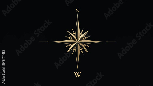 A golden, ornate compass rose, with cardinal directions labeled, against a black background
