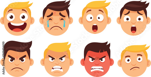Emotion-themed vector illustrations featuring a variety of facial expressions such as happy, sad, angry, and surprised for emotion, character design, and expression-related projects.