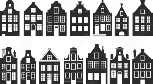 European traditional houses silhouettes set, classic old town architecture buildings collection, vintage residential facades vector illustration isolated