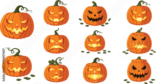 Halloween Pumpkin Illustrations with Different Faces, Expressions, and Carvings for Spooky Season and Decoration Designs.