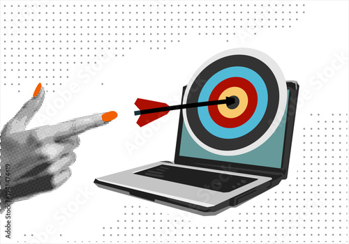 Retro Halftone Collage. Laptop with arrow on target circle. Target bullseye or arrow on target. The online business grows according to the goals set. Business market concept. Modern photo collage