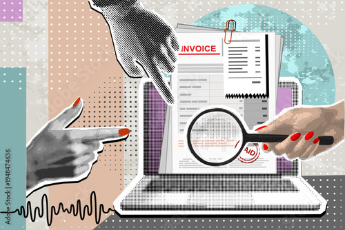 Trendy Halftone Collage Online digital invoice on screen laptop with bills. Template for banner, poster, social media and ads. Vector illustration. Contemporary art. Vector