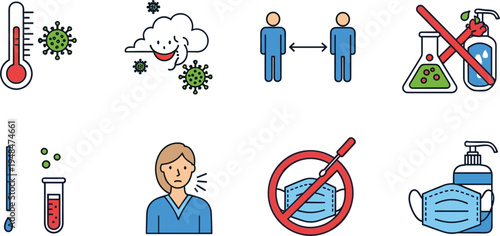 Health and safety vector illustrations featuring virus prevention, social distancing, masks, and hygiene measures for public health, safety protocols, and infection control projects.